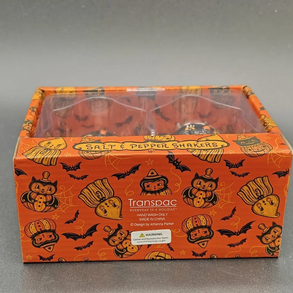 Johanna Parker Halloween Salt & Pepper Shakers Black Cat Clown Pumpkin Set NEW